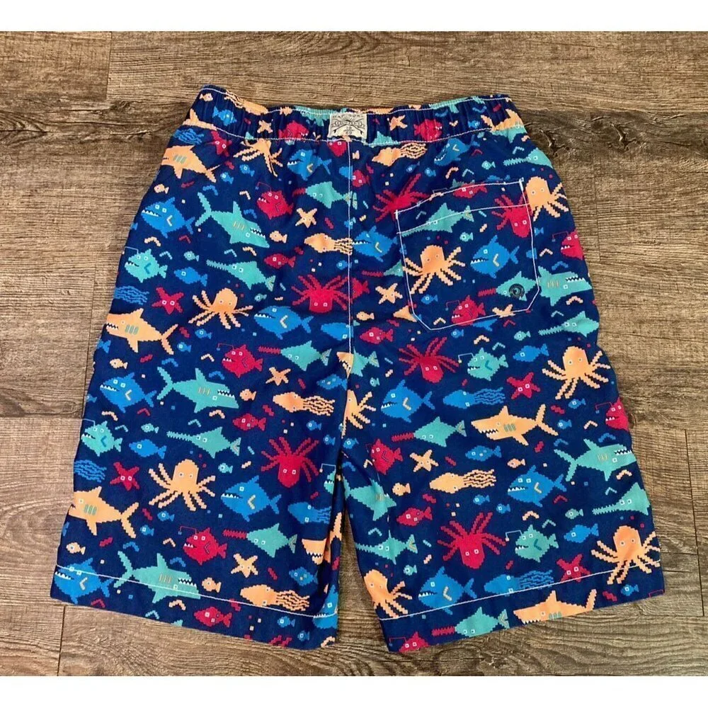 Gap Surf Kids Pixelated Ocean Life Swim Trunks Shorts Deep Cobalt Boys Size L